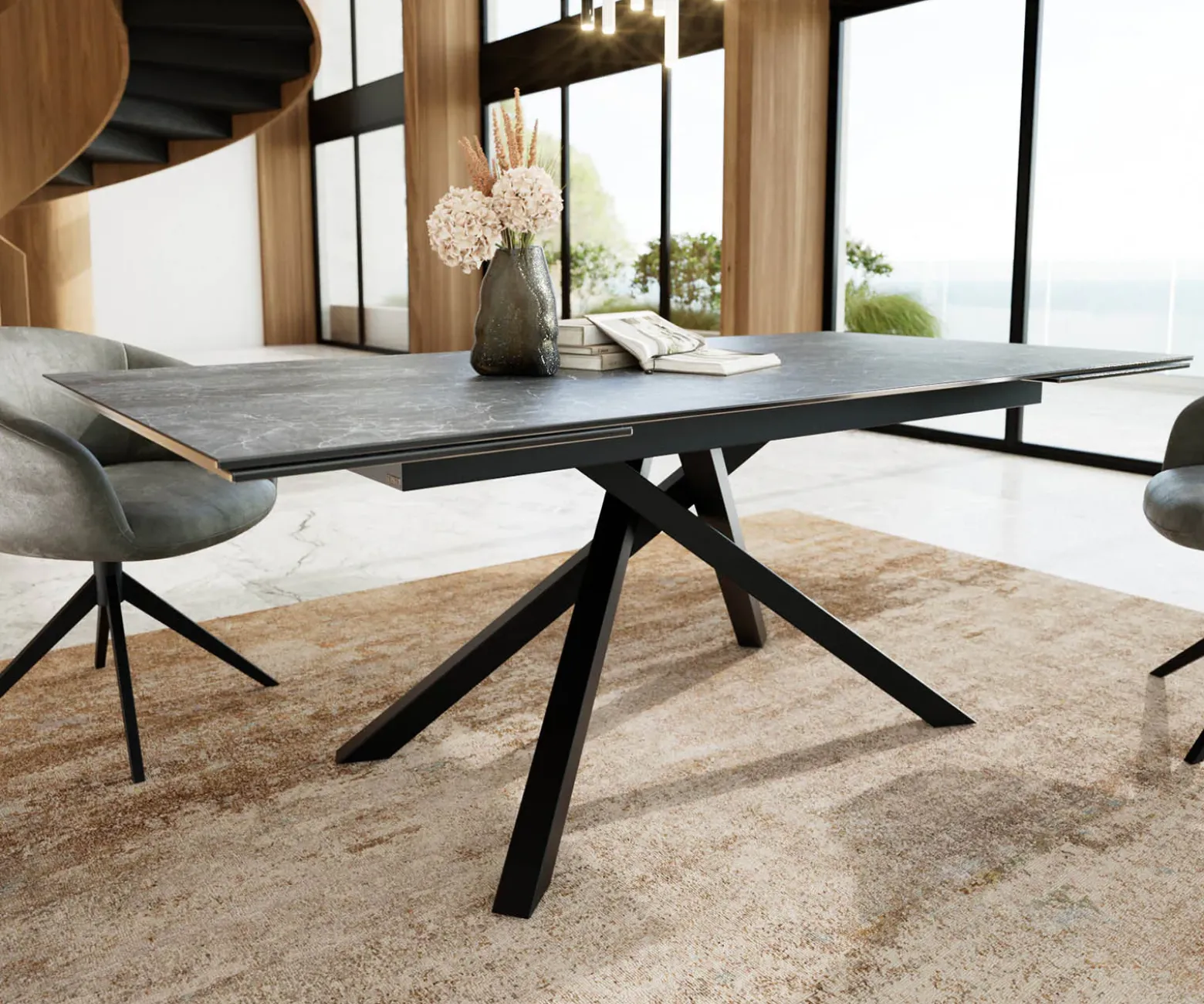 EsstischEdge 200-300x100 Keramik Laminam®Nero Greco Anthrazit Kreuzgestell Rechteck Schwarz ausziehbar Sofort versandfertig