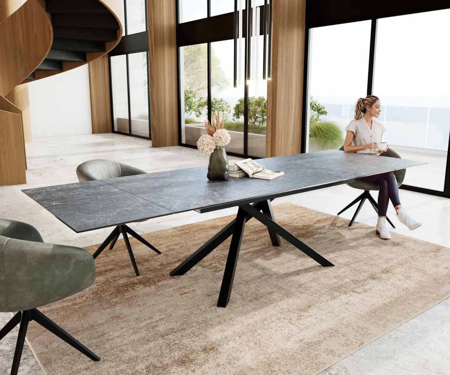 EsstischEdge 200-300x100 Keramik Laminam®Nero Greco Anthrazit Kreuzgestell Rechteck Schwarz ausziehbar Sofort versandfertig