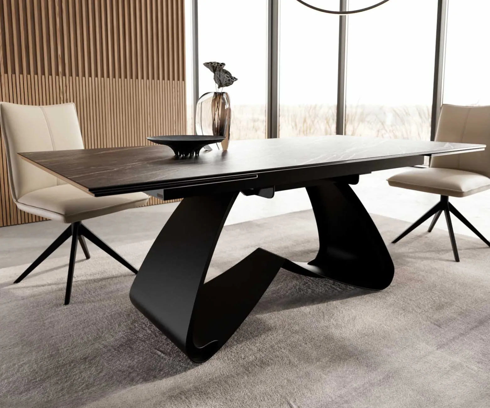 EsstischEdge 200-300x100 Keramik Laminam®Noir Desir Braun W-Gestell Schwarz ausziehbar Sofort versandfertig