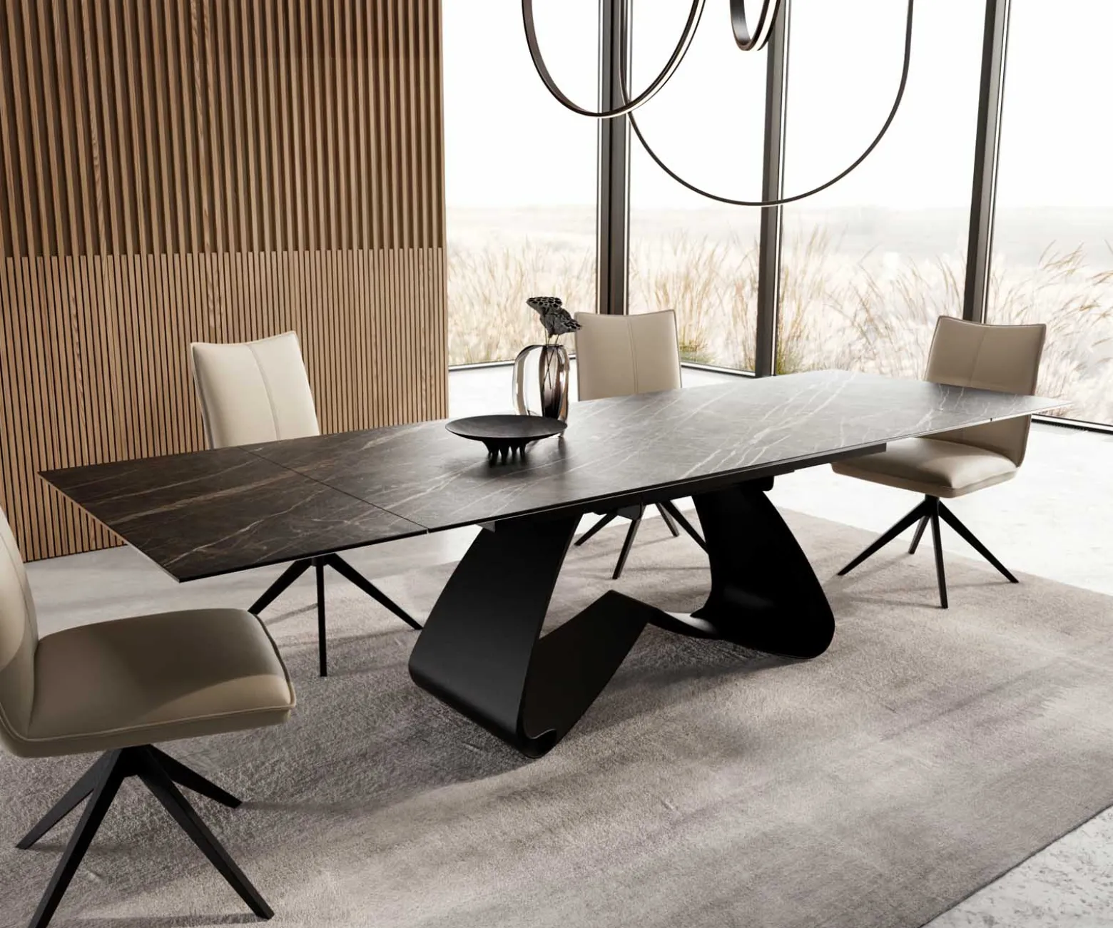 EsstischEdge 200-300x100 Keramik Laminam®Noir Desir Braun W-Gestell Schwarz ausziehbar Sofort versandfertig