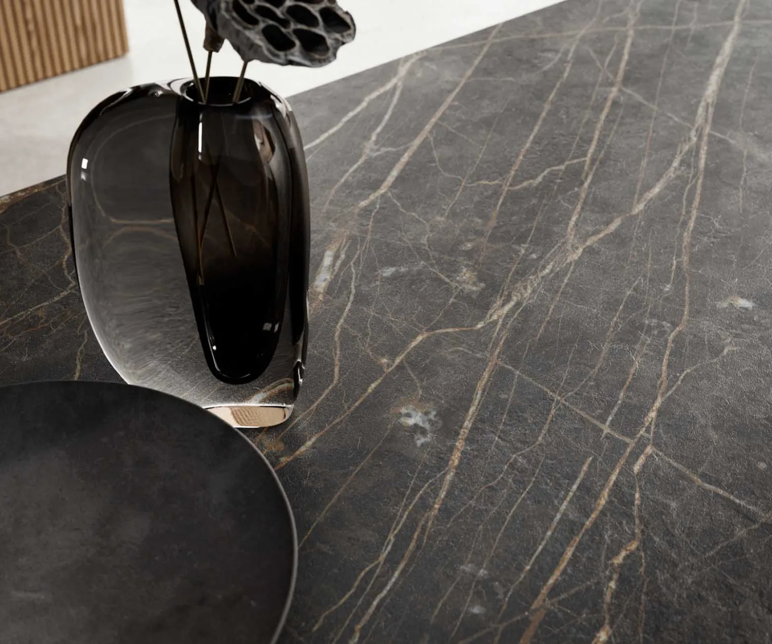 EsstischEdge 200-300x100 Keramik Laminam®Noir Desir Braun W-Gestell Schwarz ausziehbar Sofort versandfertig