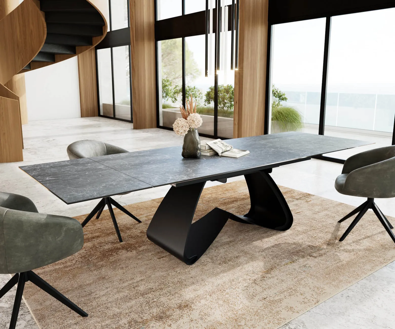 EsstischEdge 200-300x100 Keramik Laminam®Nero Greco Anthrazit W-Gestell Schwarz ausziehbar Sofort versandfertig