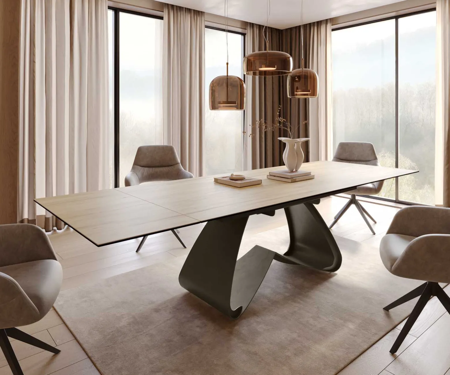 EsstischEdge 200-300x100 Keramik Laminam® Sabbia Eichefarbig W-Gestell Effektfinish Titan Ausziehbar Sofort versandfertig