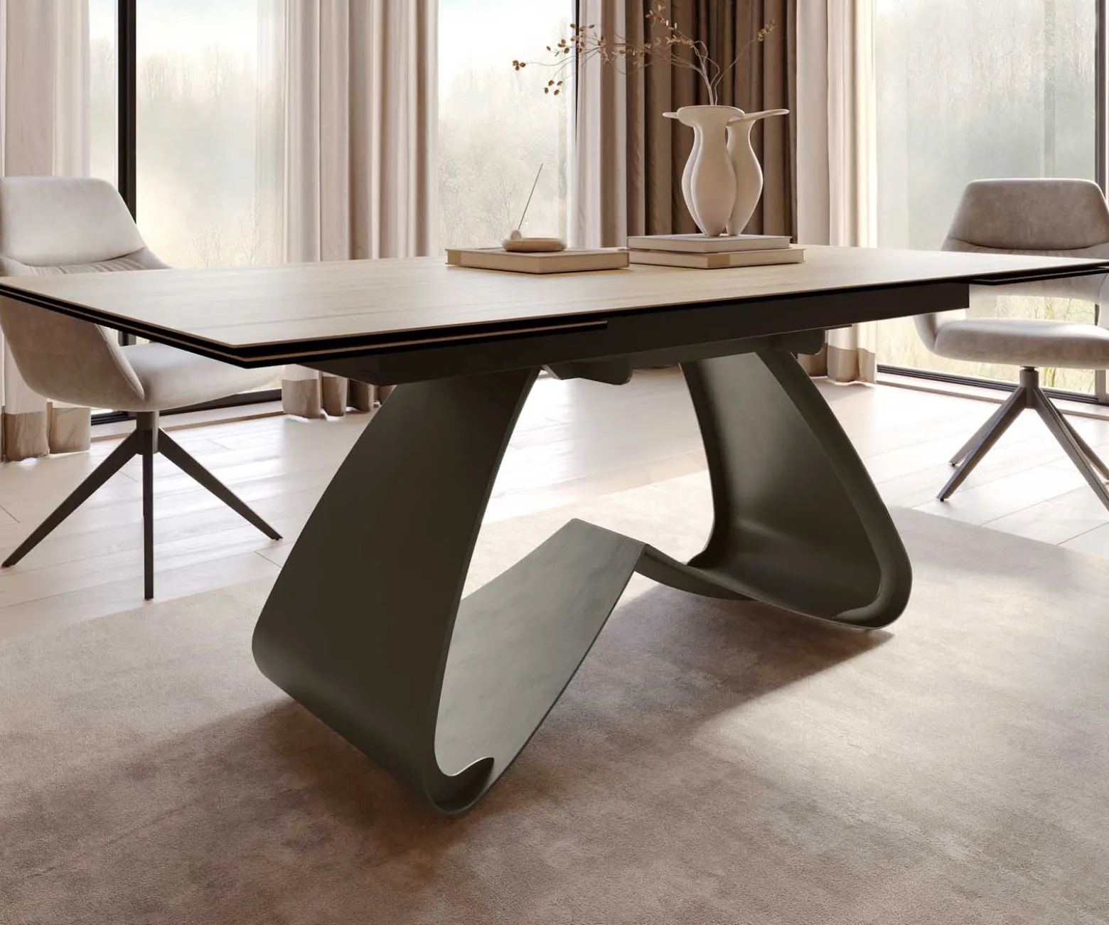 EsstischEdge 200-300x100 Keramik Laminam® Sabbia Eichefarbig W-Gestell Effektfinish Titan Ausziehbar Sofort versandfertig