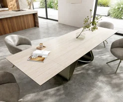 EsstischEdge 200-300x100 Keramik Laminam® Travertino Bianco Creme-Weiß W-Gestell Effektfinish Titan ausziehbar Sofort versandfertig