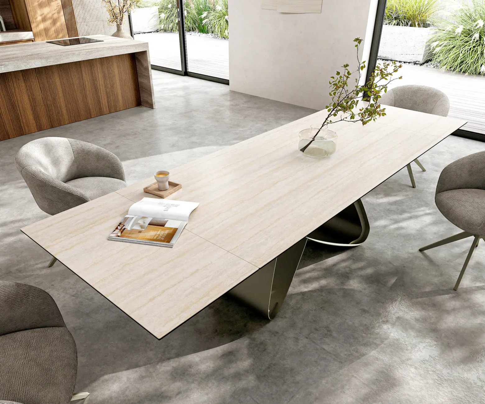 EsstischEdge 200-300x100 Keramik Laminam® Travertino Bianco Creme-Weiß W-Gestell Effektfinish Titan ausziehbar Sofort versandfertig