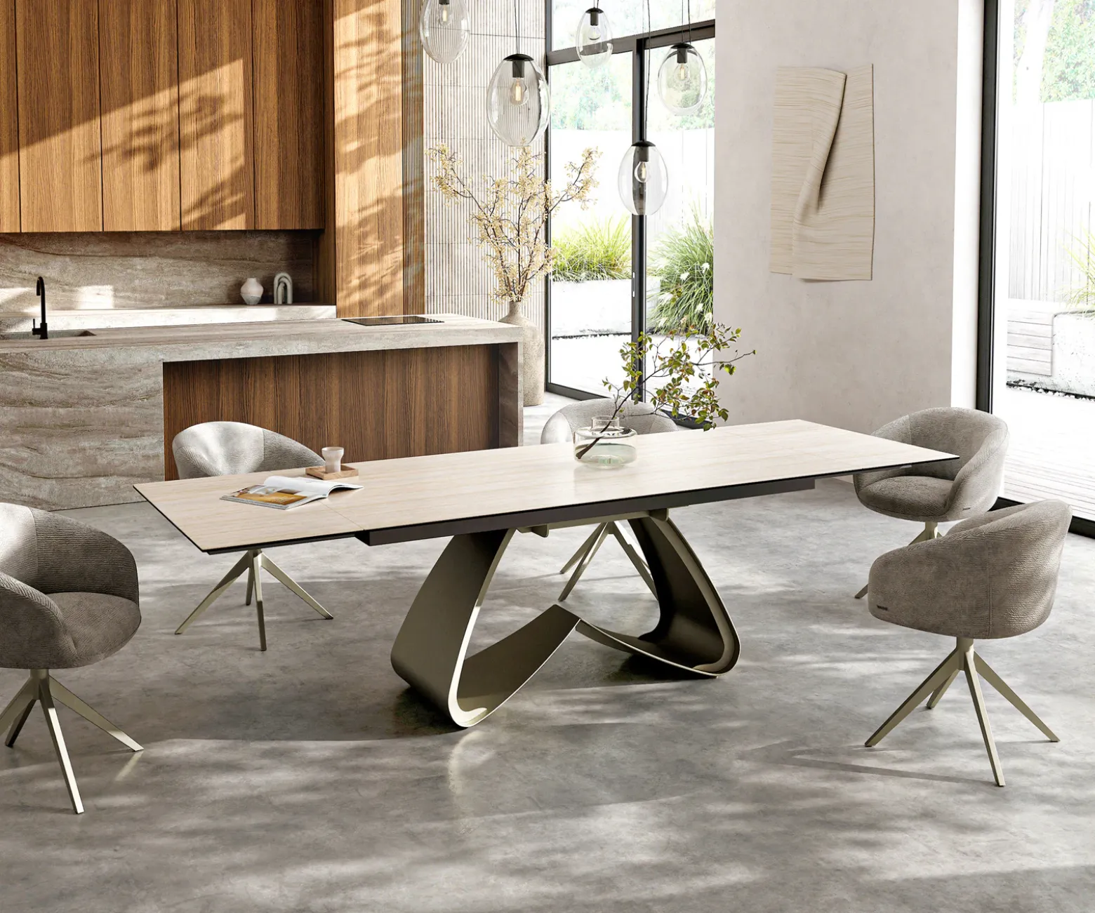EsstischEdge 200-300x100 Keramik Laminam® Travertino Bianco Creme-Weiß W-Gestell Effektfinish Titan ausziehbar Sofort versandfertig