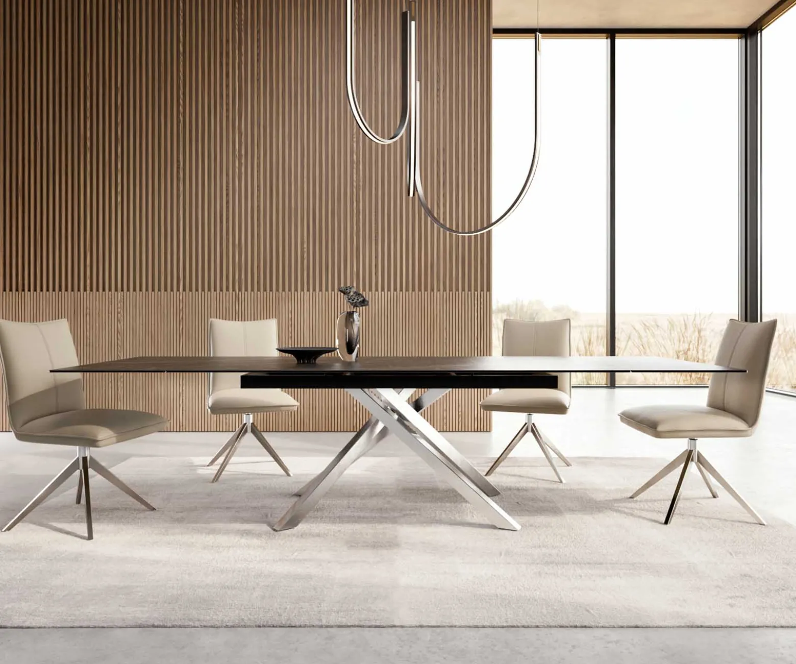 EsstischEdge 200-300x100 Keramik Laminam®Noir Desir Braun Kreuzgestell Rechteck Edelstahl ausziehbar Sofort versandfertig