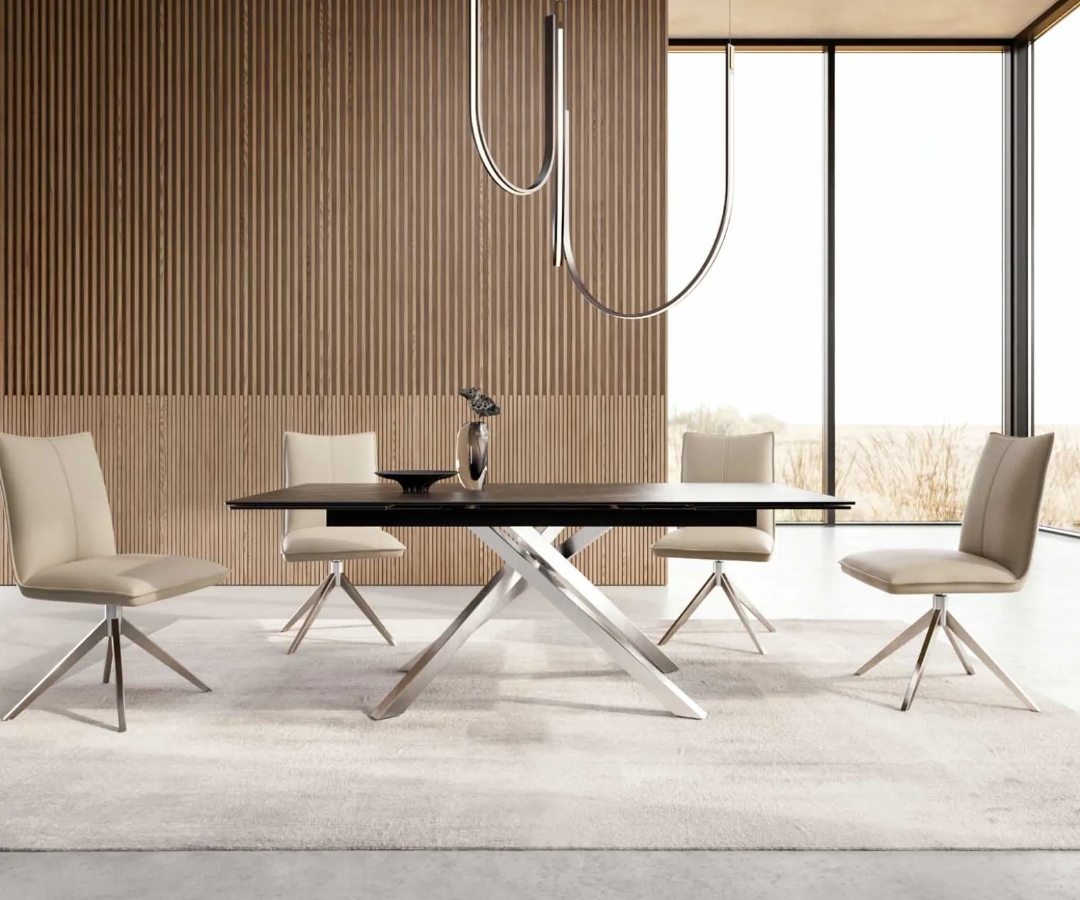 EsstischEdge 200-300x100 Keramik Laminam®Noir Desir Braun Kreuzgestell Rechteck Edelstahl ausziehbar Sofort versandfertig