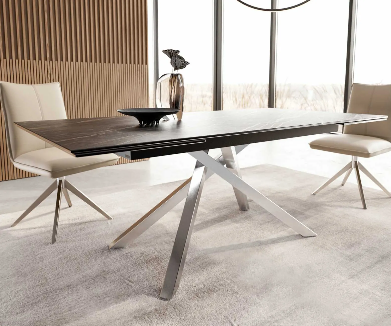 EsstischEdge 200-300x100 Keramik Laminam®Noir Desir Braun Kreuzgestell Rechteck Edelstahl ausziehbar Sofort versandfertig