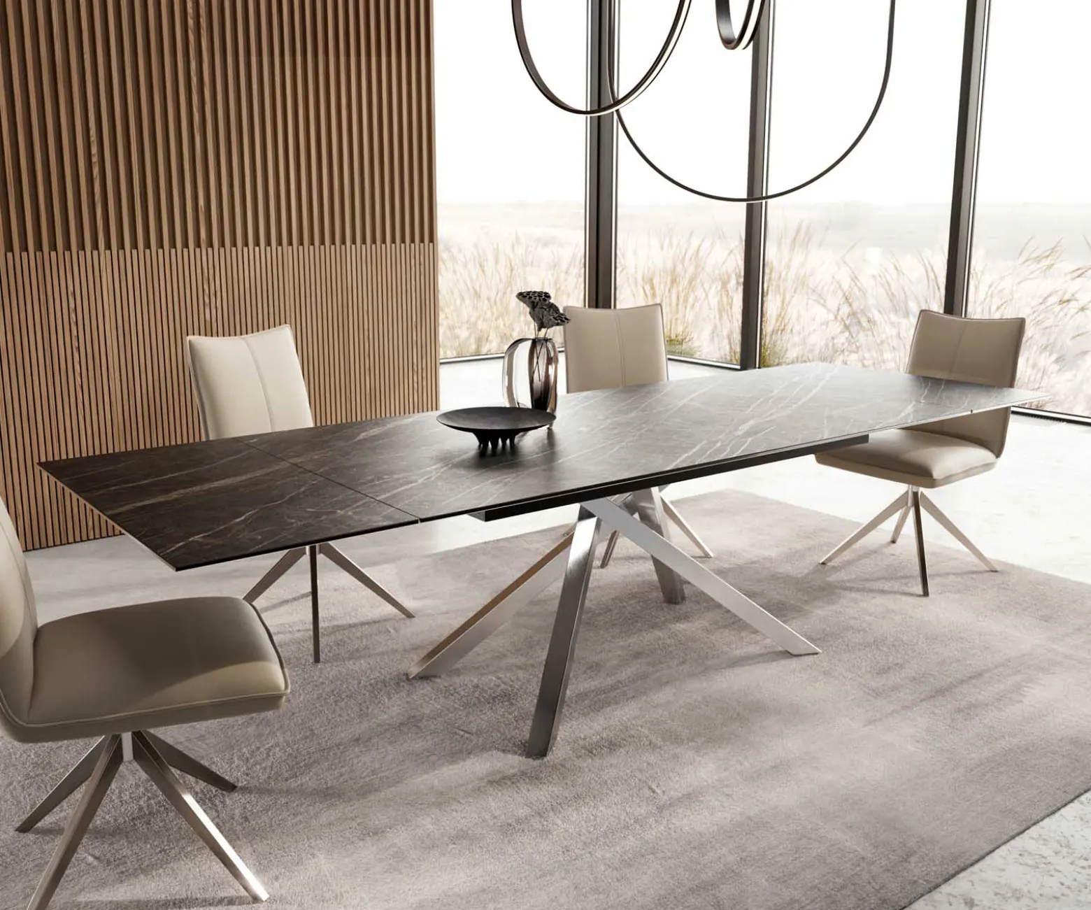 EsstischEdge 200-300x100 Keramik Laminam®Noir Desir Braun Kreuzgestell Rechteck Edelstahl ausziehbar Sofort versandfertig