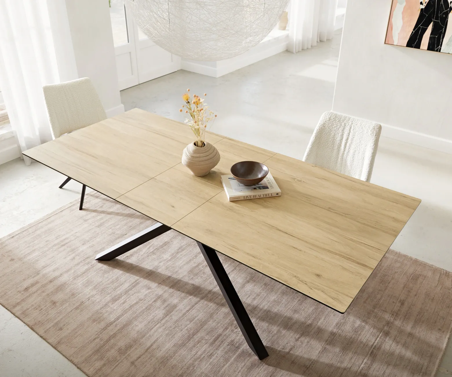 EsstischEdge 180-220x100 Keramik Laminam® Sabbia Eichefarbig Kreuzgestell Rechteck Schwarz ausziehbar Sofort versandfertig