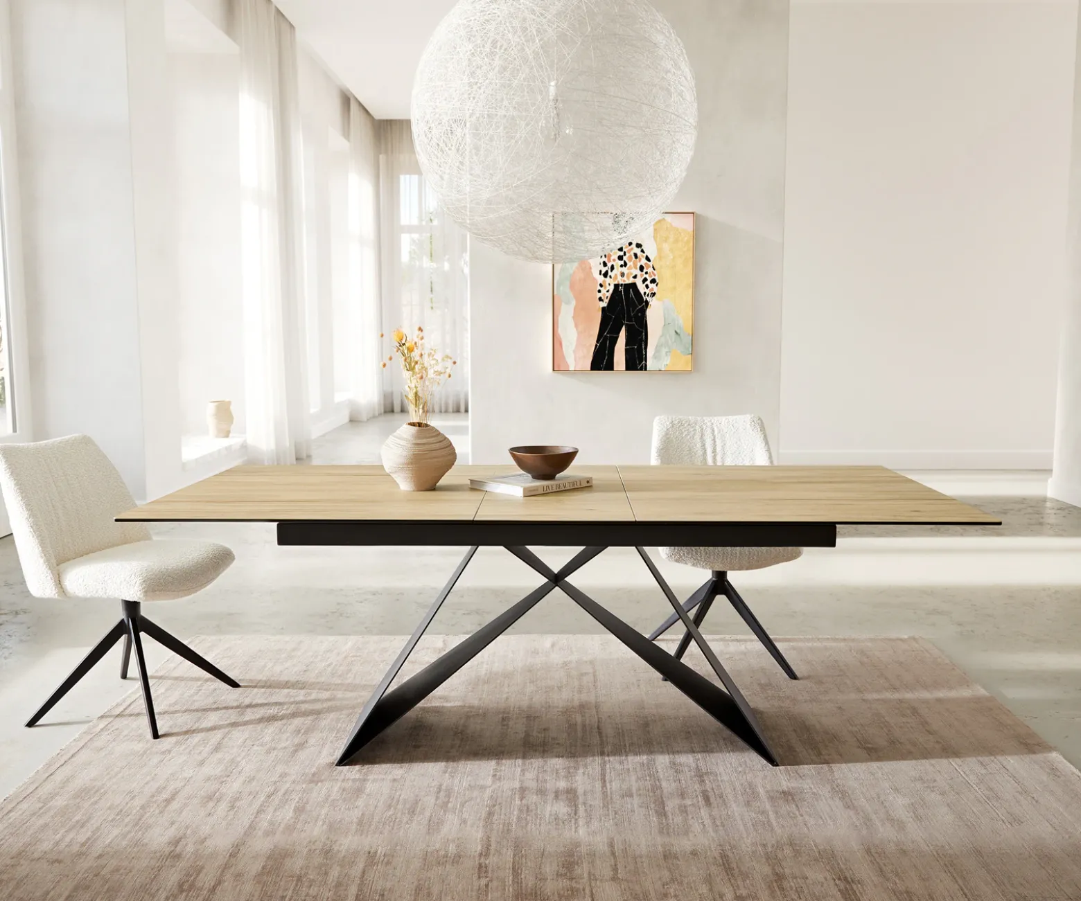 EsstischEdge 180-220x100 Keramik Laminam® Sabbia Eichefarbig V-Gestell Flachstahl Schwarz ausziehbar Sofort versandfertig