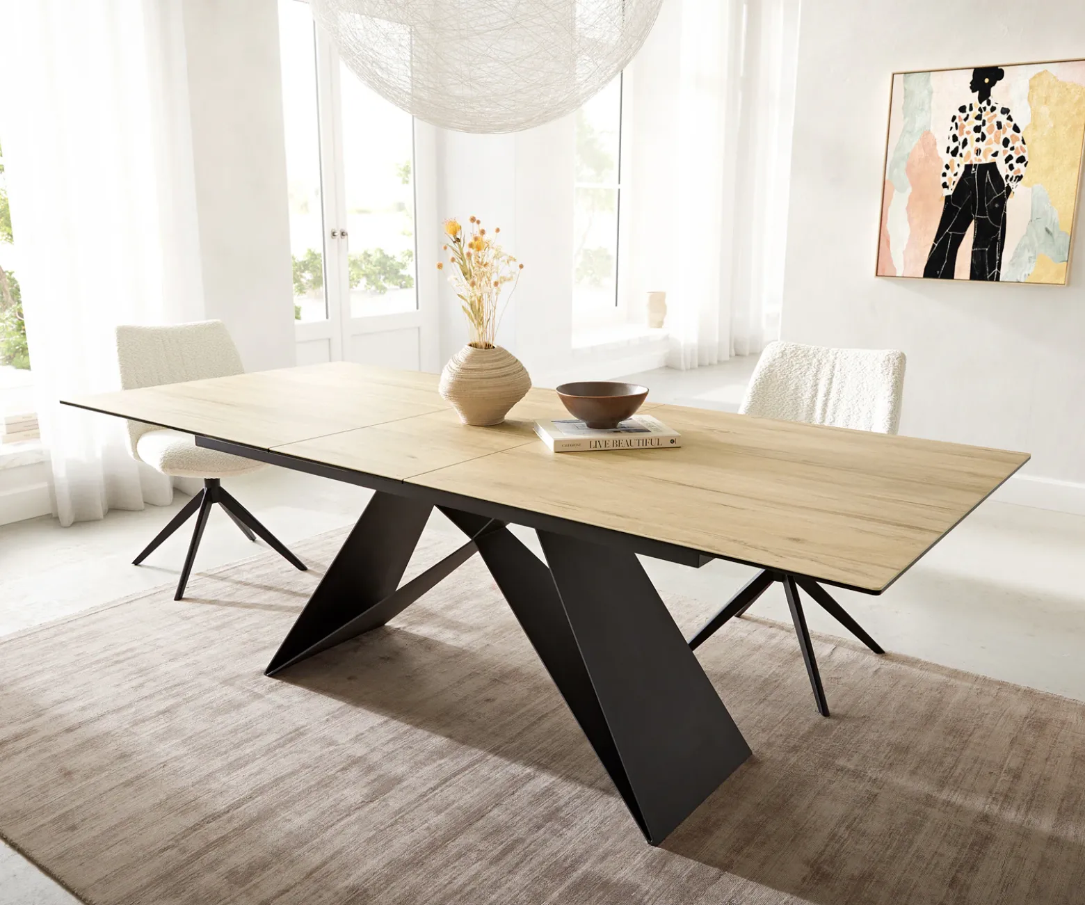 EsstischEdge 180-220x100 Keramik Laminam® Sabbia Eichefarbig V-Gestell Flachstahl Schwarz ausziehbar Sofort versandfertig