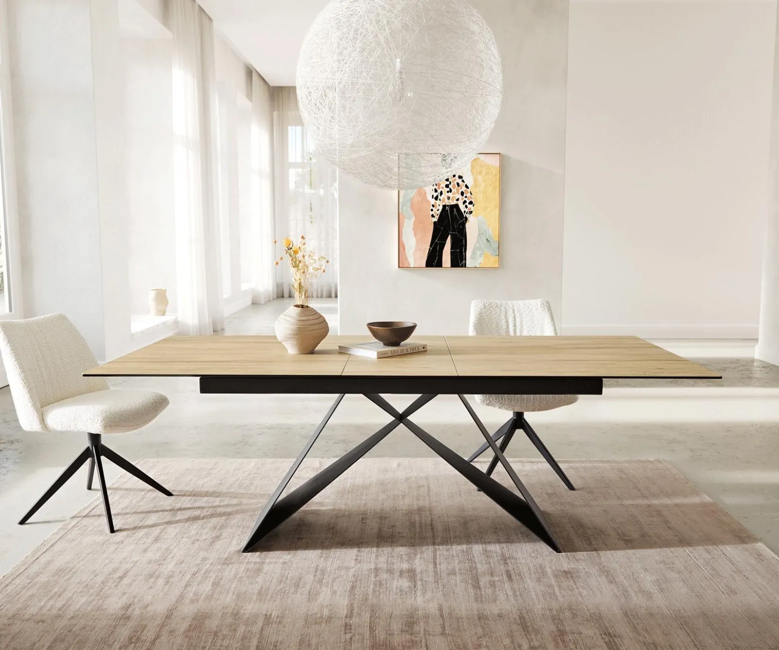 EsstischEdge 180-220x100 Keramik Laminam® Sabbia Eichefarbig V-Gestell Flachstahl Schwarz ausziehbar Sofort versandfertig