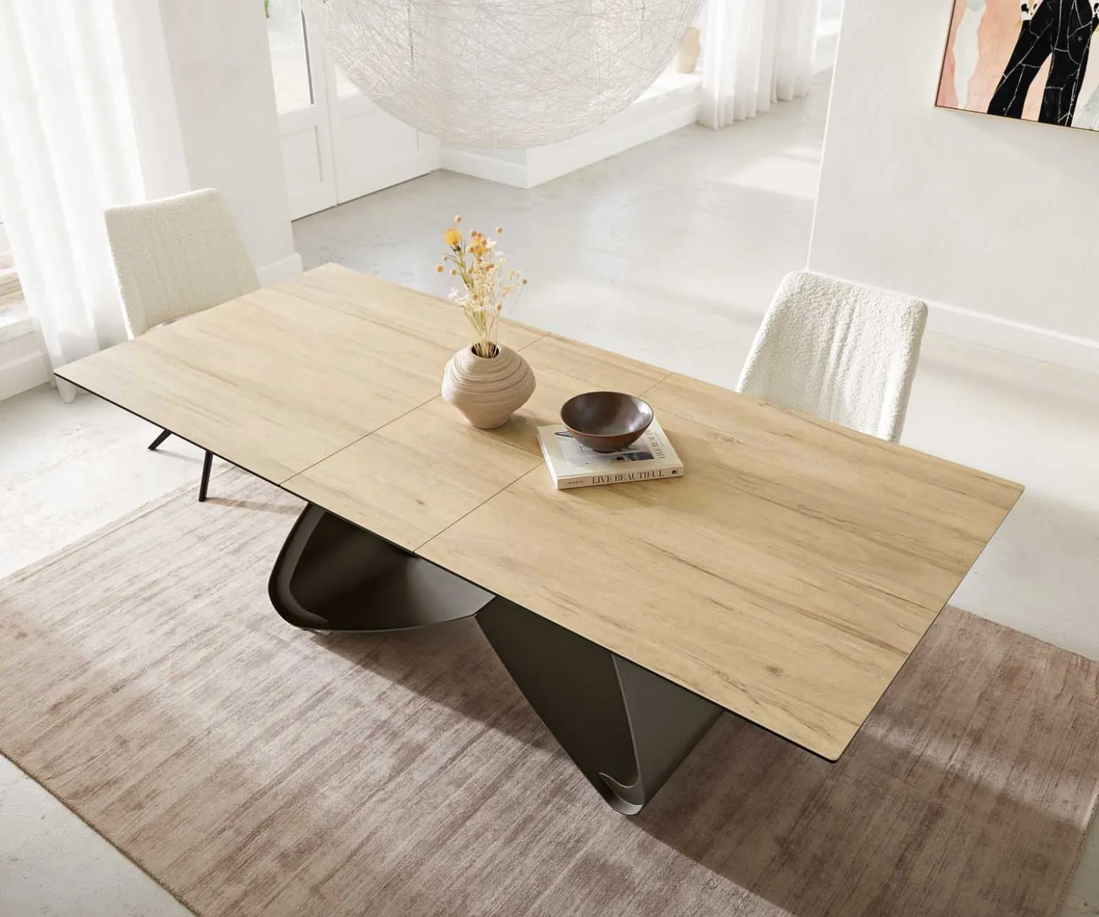 EsstischEdge 180-220x100 Keramik Laminam® Sabbia Eichefarbig W-Gestell Effektfinish Titan Ausziehbar Sofort versandfertig