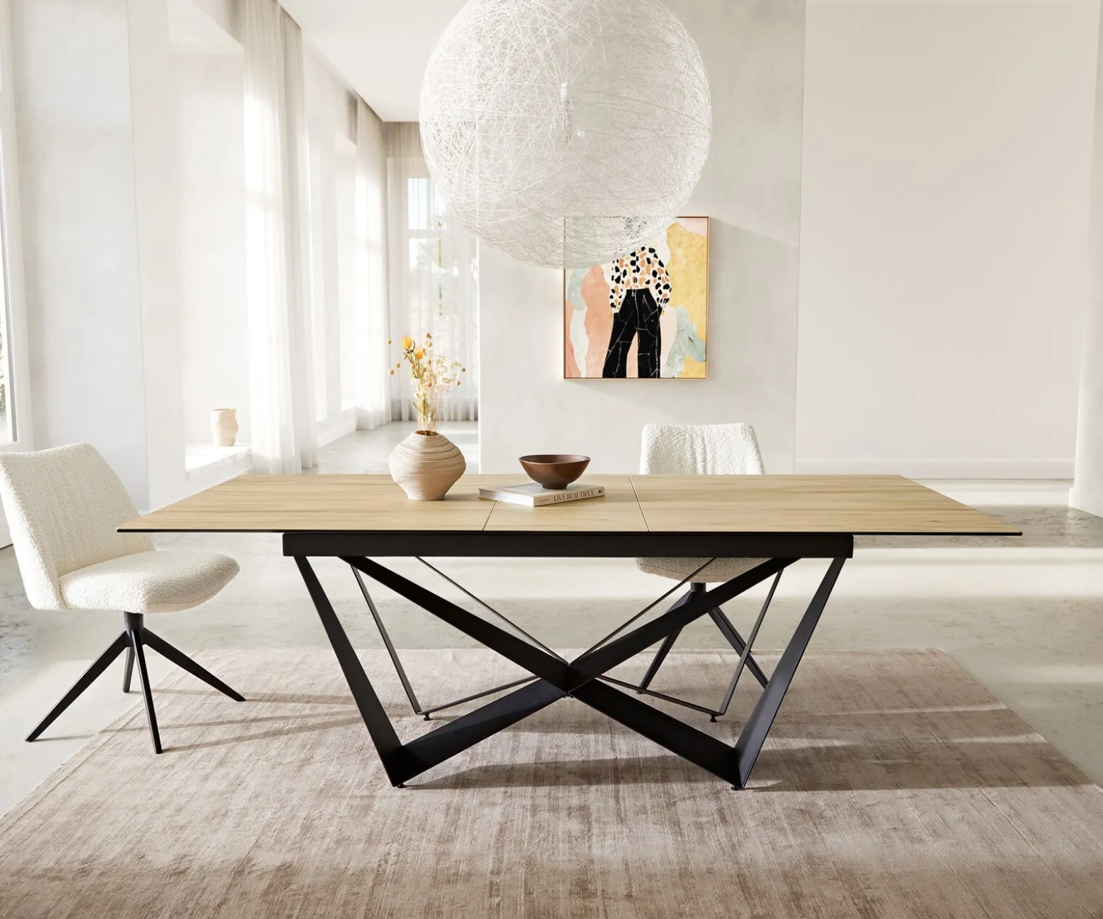 EsstischEdge 180-220x100 Keramik Laminam® Sabbia Eichefarbig Spider Flachstahl Schwarz ausziehbar Sofort versandfertig
