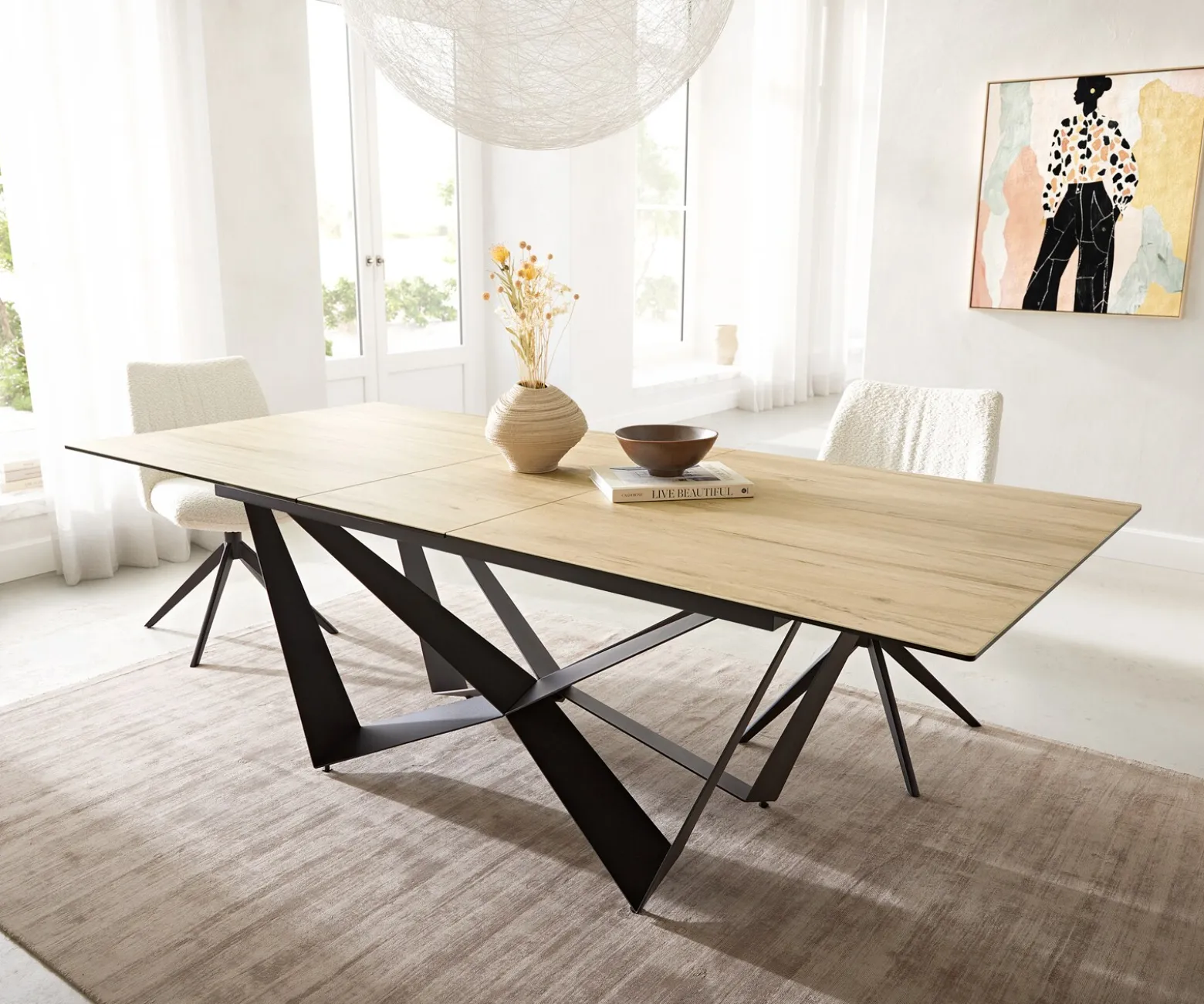 EsstischEdge 180-220x100 Keramik Laminam® Sabbia Eichefarbig Spider Flachstahl Schwarz ausziehbar Sofort versandfertig