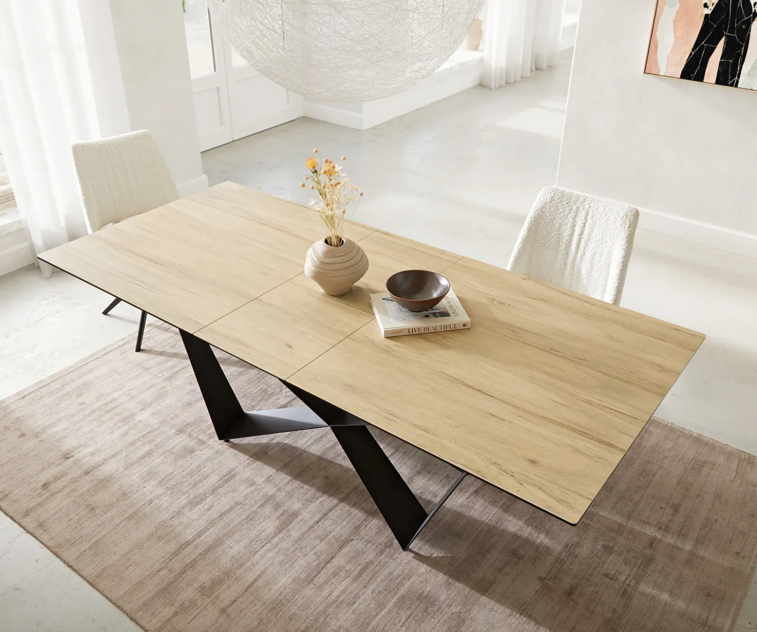 EsstischEdge 180-220x100 Keramik Laminam® Sabbia Eichefarbig Spider Flachstahl Schwarz ausziehbar Sofort versandfertig
