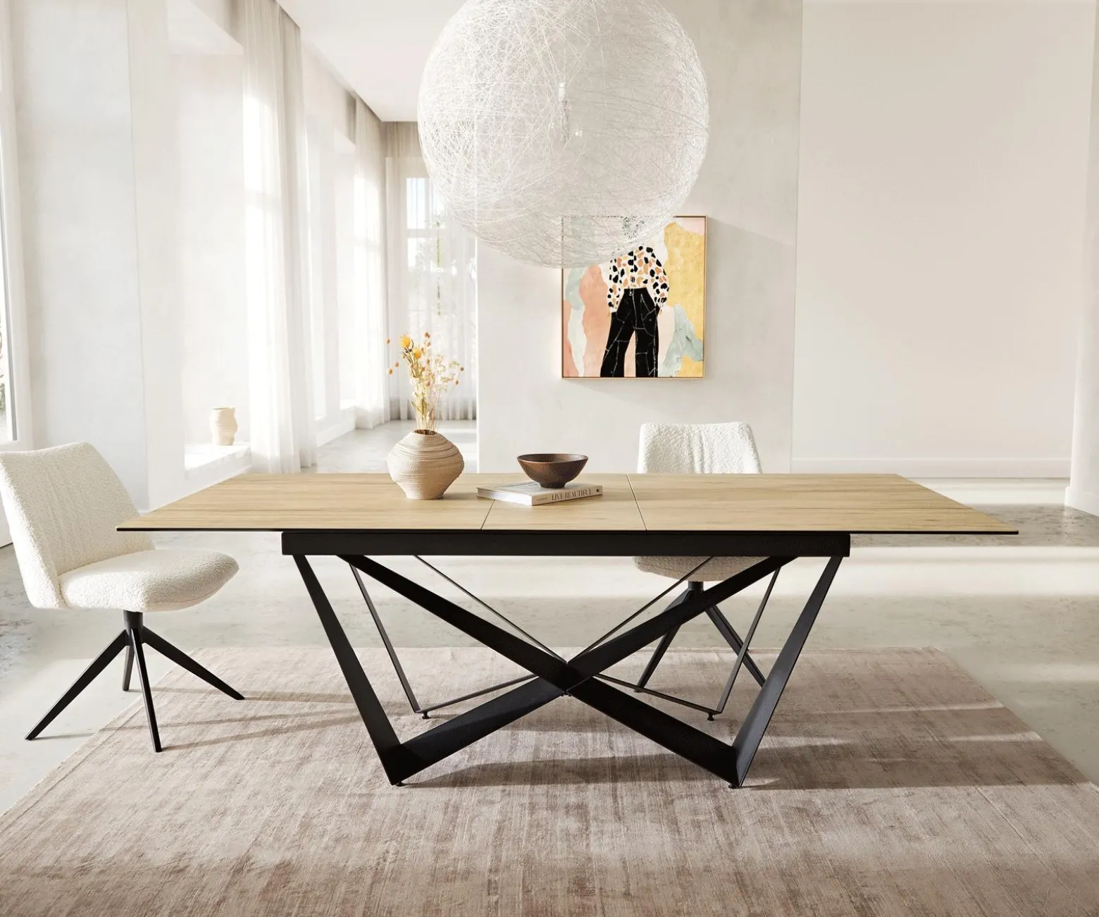 EsstischEdge 180-220x100 Keramik Laminam® Sabbia Eichefarbig Spider Flachstahl Schwarz ausziehbar Sofort versandfertig