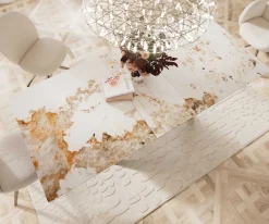 EsstischEdge 180-220x100 Keramik Minas Melange Weiß-Beige Kreuzgestell Rechteck Edelstahl ausziehbar Sofort versandfertig