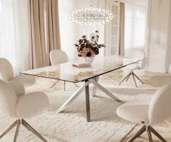 EsstischEdge 180-220x100 Keramik Minas Melange Weiß-Beige Kreuzgestell Rechteck Edelstahl ausziehbar Sofort versandfertig