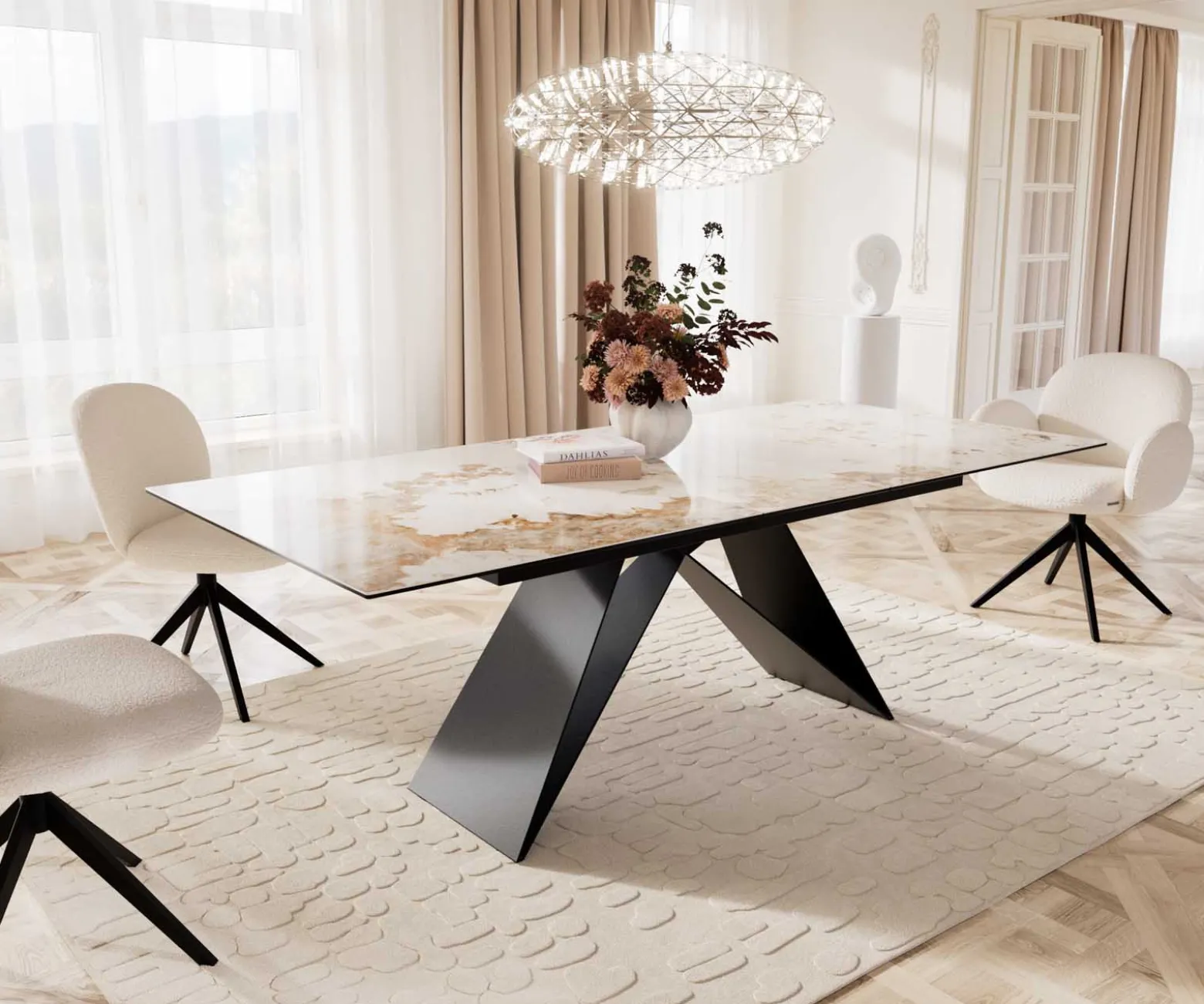 EsstischEdge 180-220x100 Keramik Minas Melange Weiß-Beige V-Gestell Flachstahl Schwarz ausziehbar Sofort versandfertig