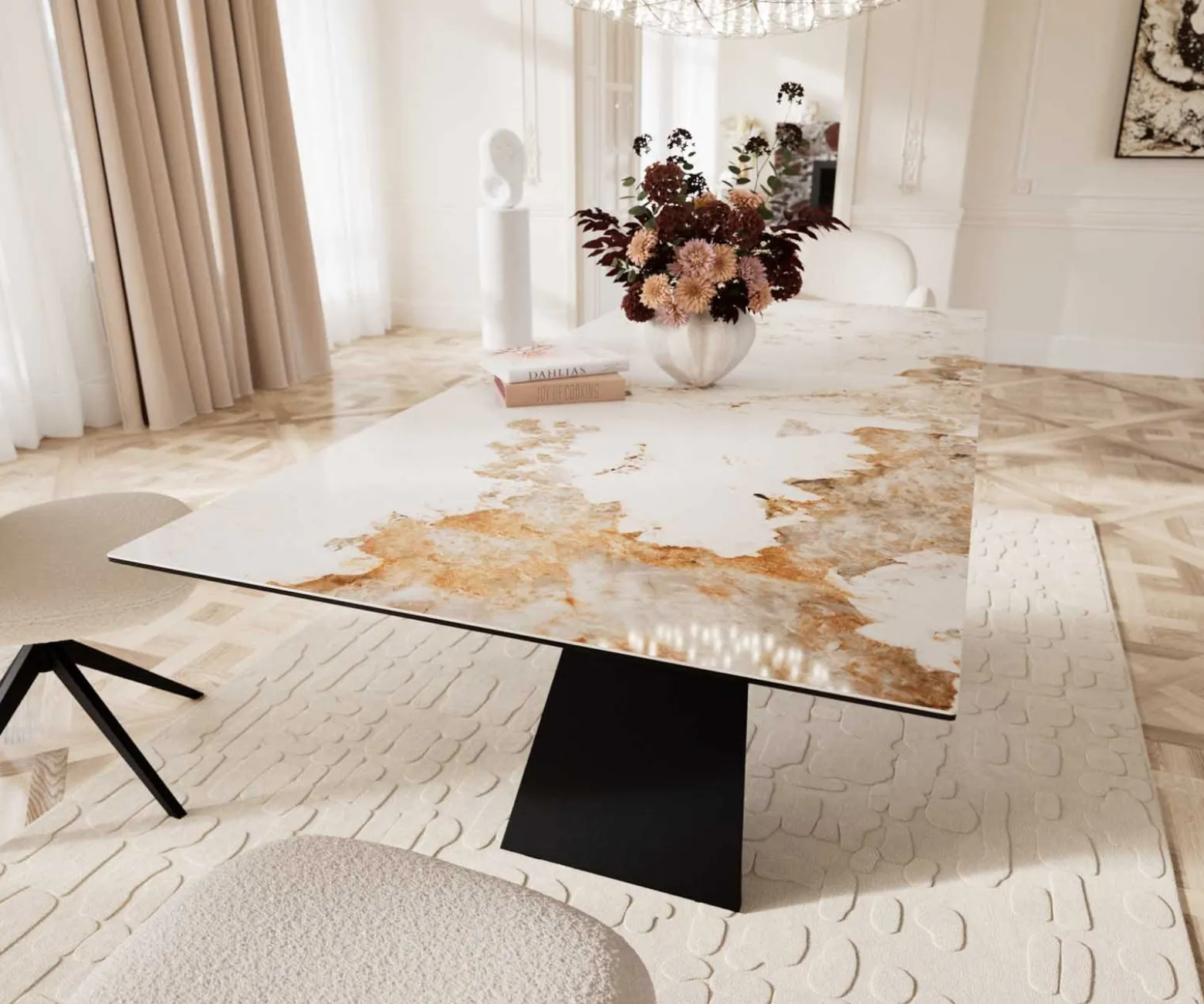 EsstischEdge 180-220x100 Keramik Minas Melange Weiß-Beige V-Gestell Flachstahl Schwarz ausziehbar Sofort versandfertig