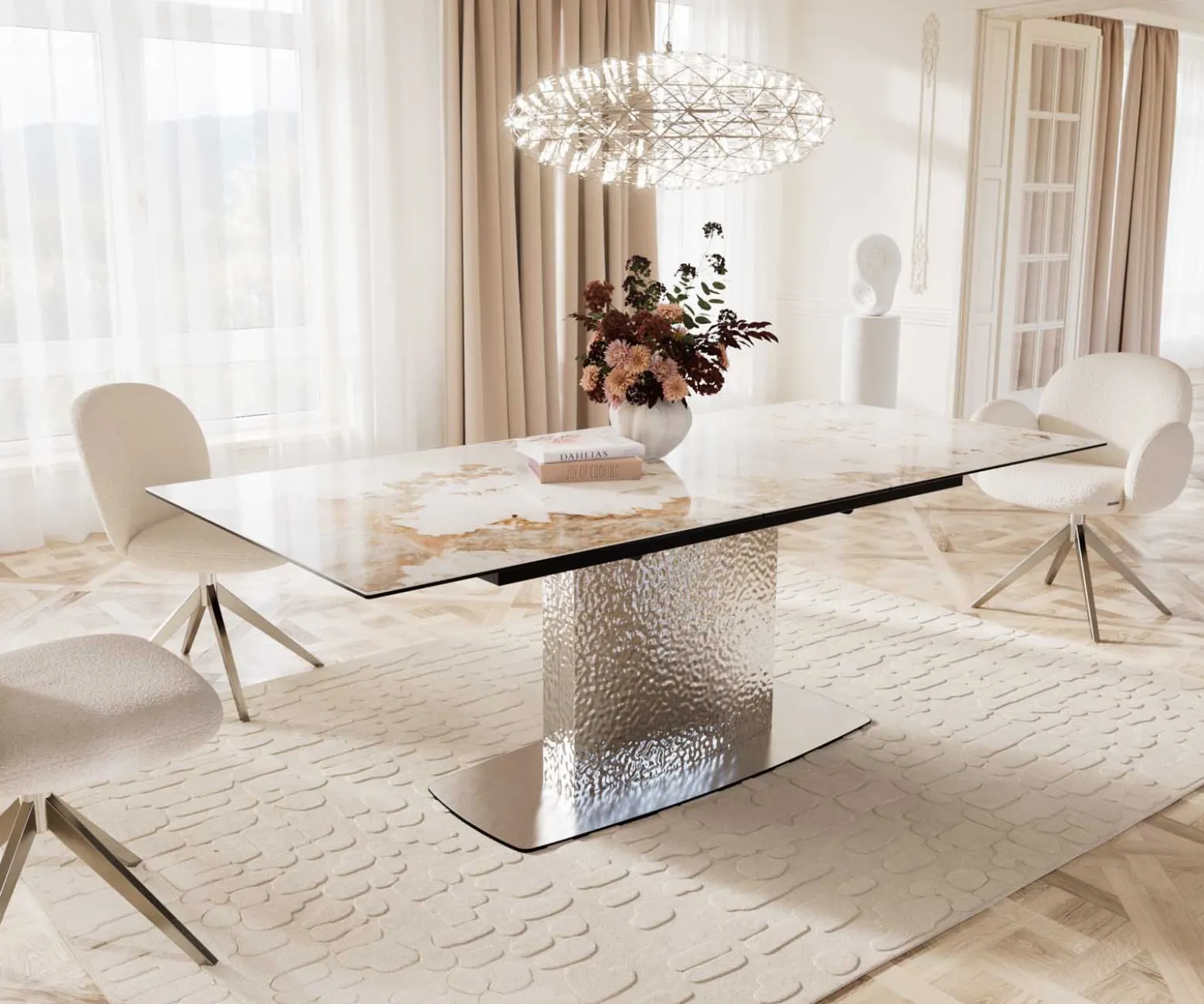 EsstischEdge 180-220x100 Keramik Minas Melange Weiß-Beige Wave Edelstahl ausziehbar Sofort versandfertig