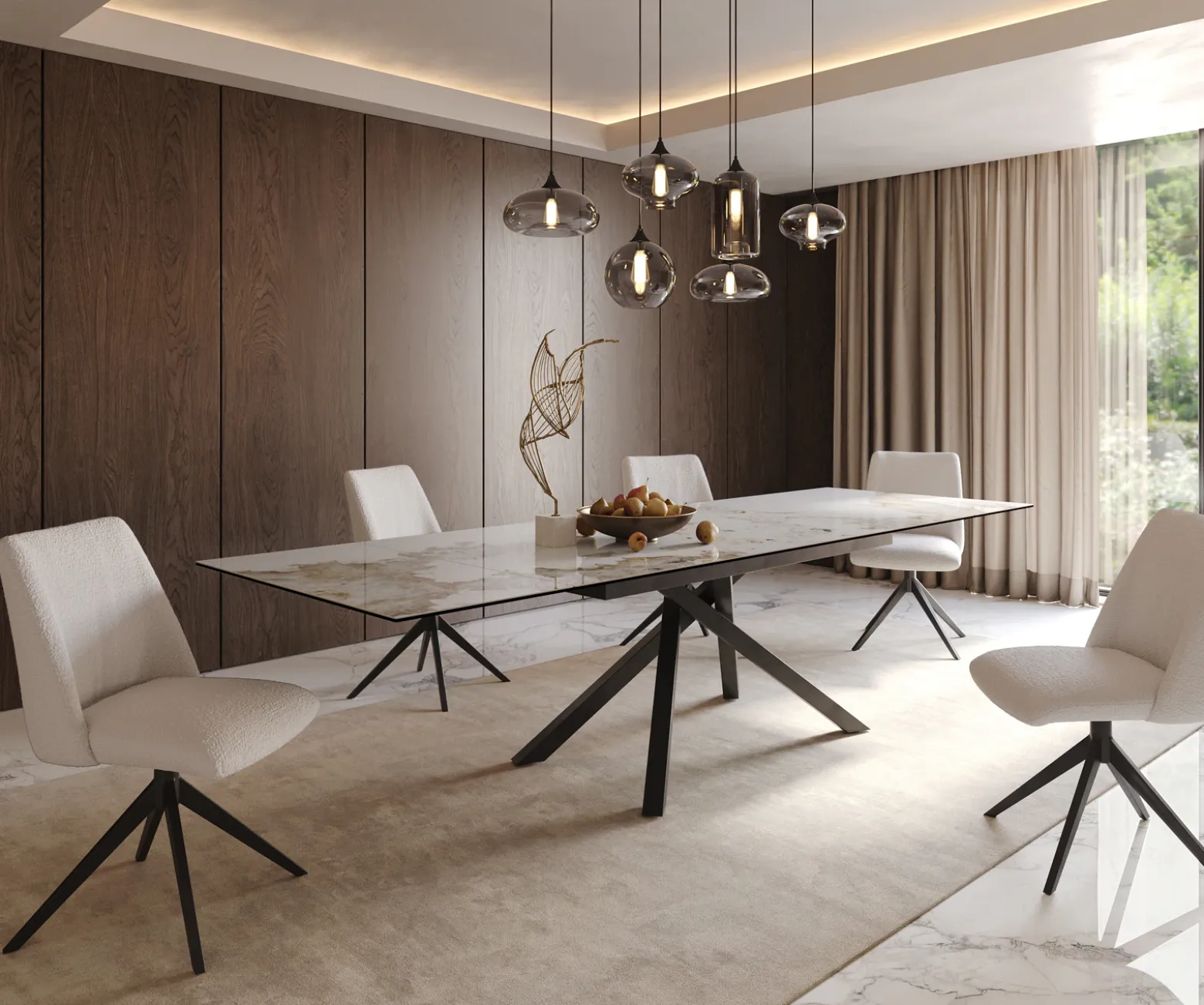 EsstischEdge 200-300x100 Keramik Minas Melange Weiß-Beige Kreuzgestell Rechteck Schwarz ausziehbar Sofort versandfertig