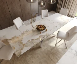 EsstischEdge 200-300x100 Keramik Minas Melange Weiß-Beige Kreuzgestell Rechteck Edelstahl ausziehbar Sofort versandfertig