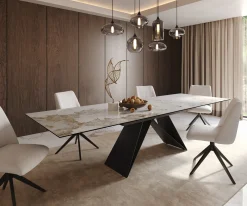 EsstischEdge 200-300x100 Keramik Minas Melange Weiß-Beige V-Gestell Flachstahl Schwarz ausziehbar Sofort versandfertig