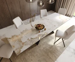 EsstischEdge 200-300x100 Keramik Minas Melange Weiß-Beige V-Gestell Flachstahl Schwarz ausziehbar Sofort versandfertig