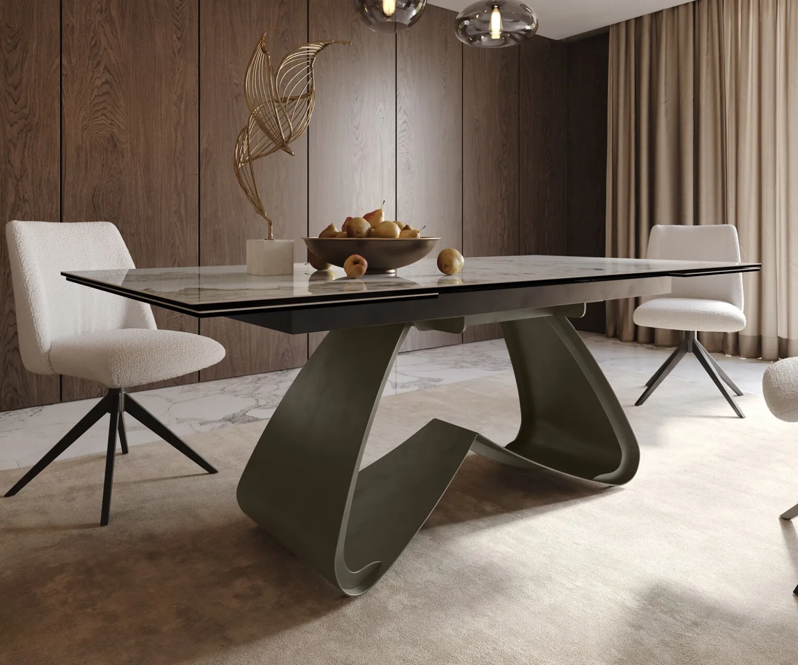 EsstischEdge 200-300x100 Keramik Minas Melange Weiß-Beige W-Gestell Effektfinish Titan Ausziehbar Sofort versandfertig