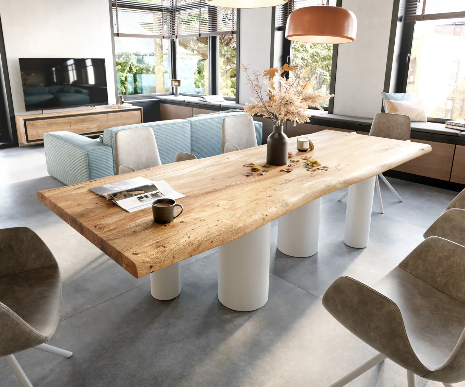 EsstischEdge 280x100 XL Akazie Natur Pilier Metall Weiß Live- Sofort versandfertig