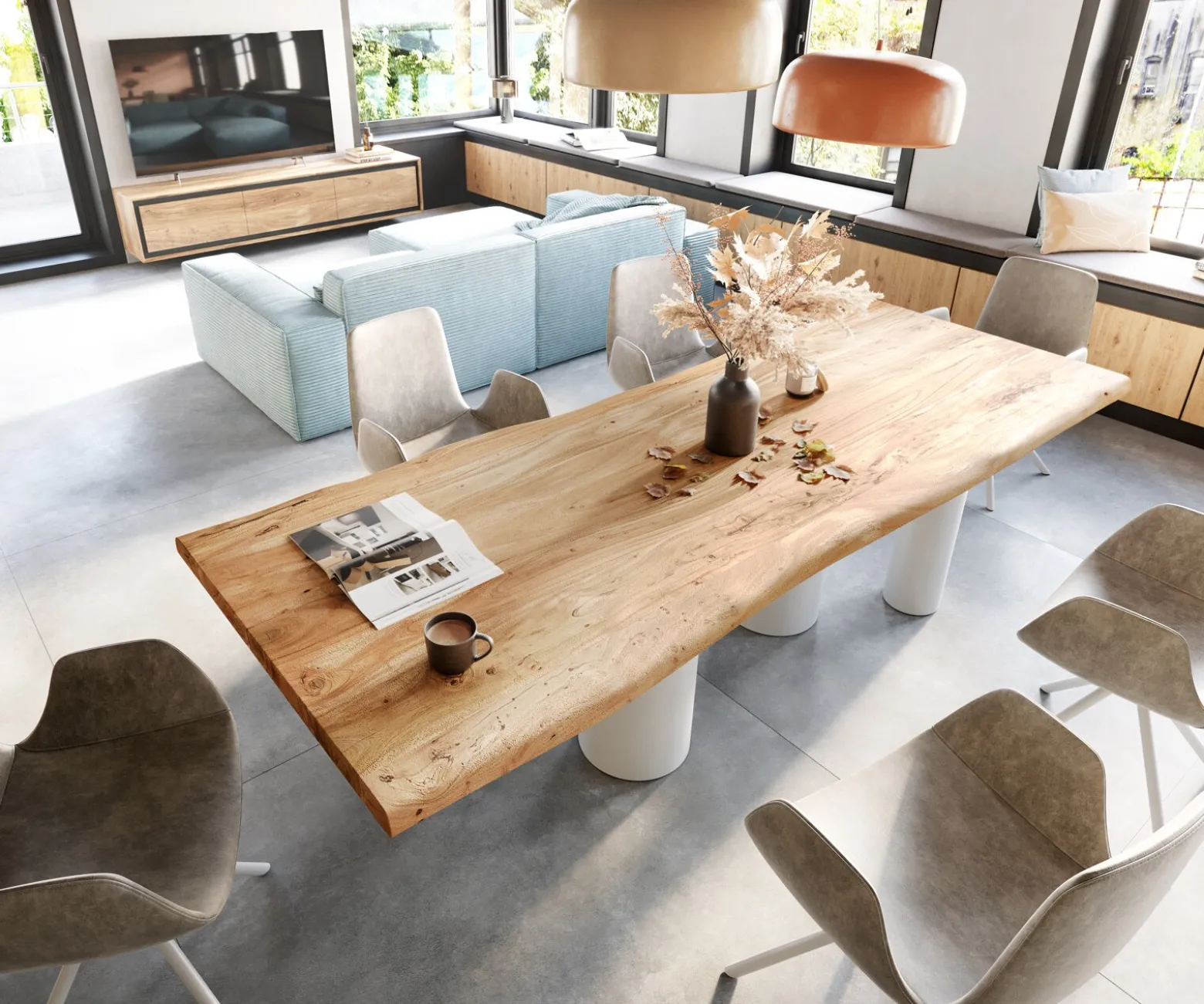EsstischEdge 280x100 XL Akazie Natur Pilier Metall Weiß Live- Sofort versandfertig