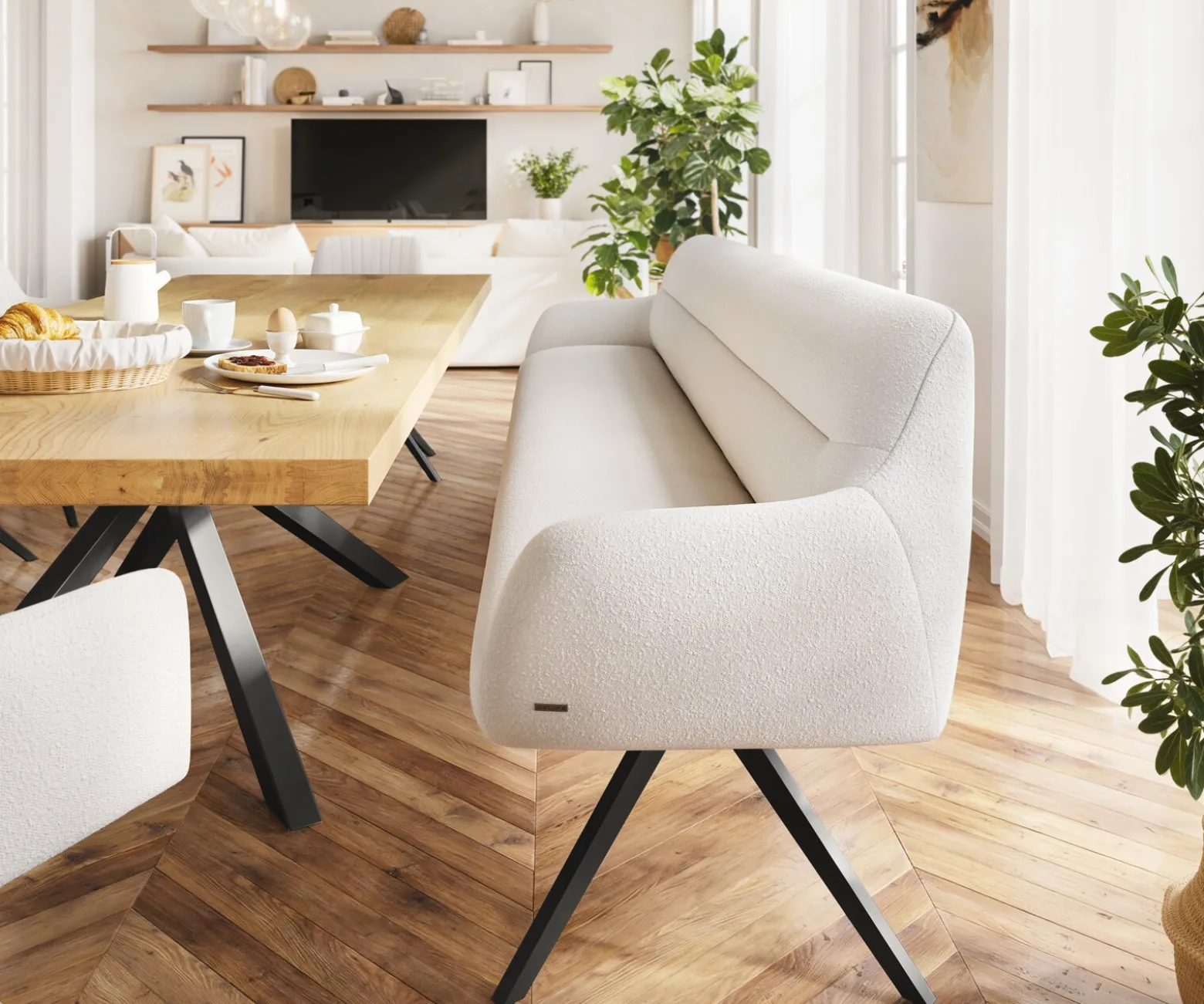 EsszimmerbankTaya-Flex 300 cm Bouclé Creme-Weiß Kreuzgestell kantig Schwarz Taschenfederkern Sofort versandfertig