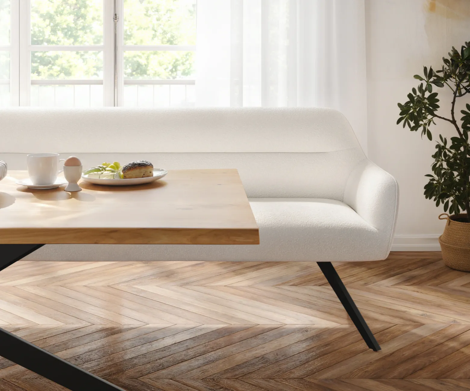EsszimmerbankTaya-Flex 300 cm Bouclé Creme-Weiß Kreuzgestell kantig Schwarz Taschenfederkern Sofort versandfertig