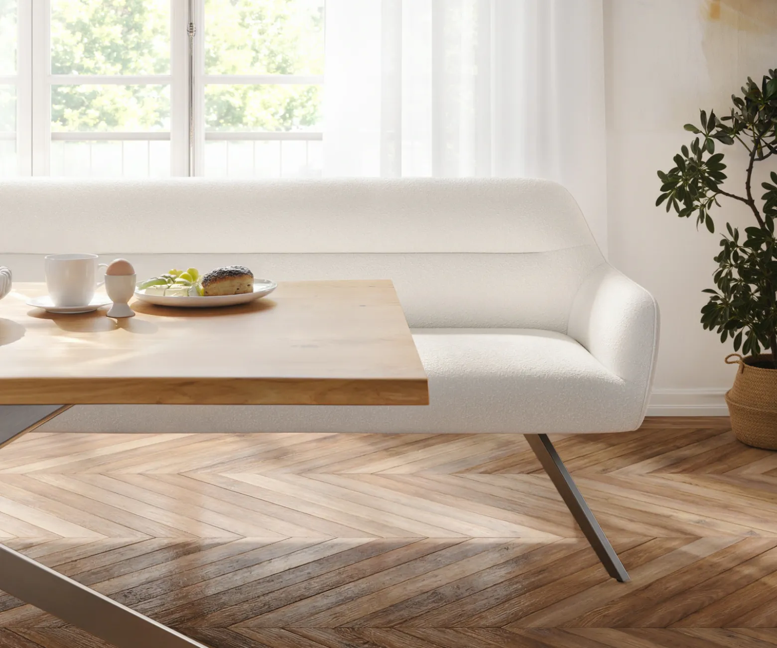 EsszimmerbankTaya-Flex 200 cm Bouclé Creme-Weiß Kreuzgestell kantig Graphit Taschenfederkern Sofort versandfertig