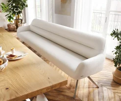 EsszimmerbankTaya-Flex 300 cm Bouclé Creme-Weiß Kreuzgestell kantig Edelstahl Taschenfederkern Sofort versandfertig