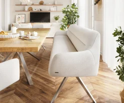 EsszimmerbankTaya-Flex 300 cm Bouclé Creme-Weiß Kreuzgestell kantig Edelstahl Taschenfederkern Sofort versandfertig