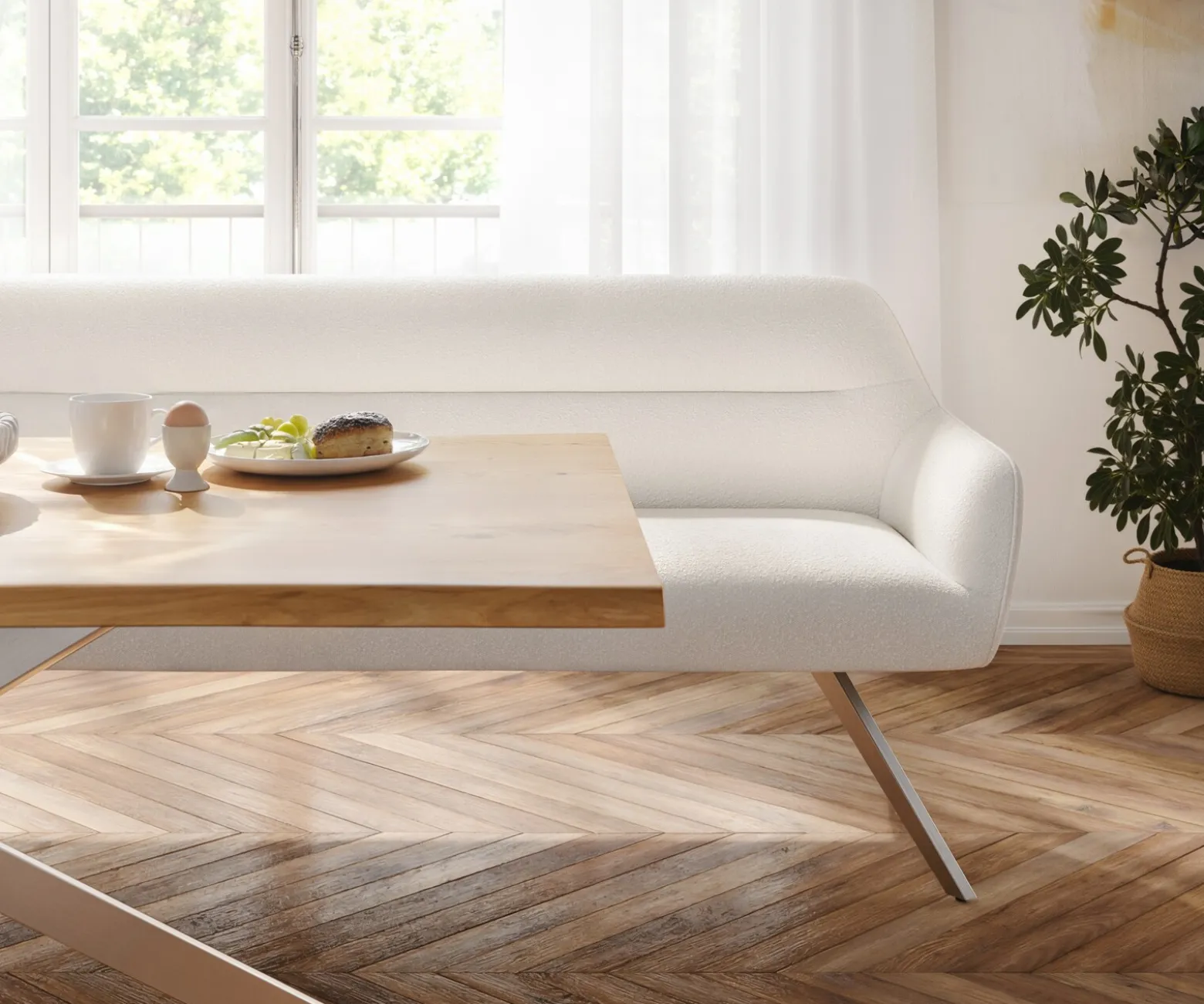 EsszimmerbankTaya-Flex 300 cm Bouclé Creme-Weiß Kreuzgestell kantig Edelstahl Taschenfederkern Sofort versandfertig