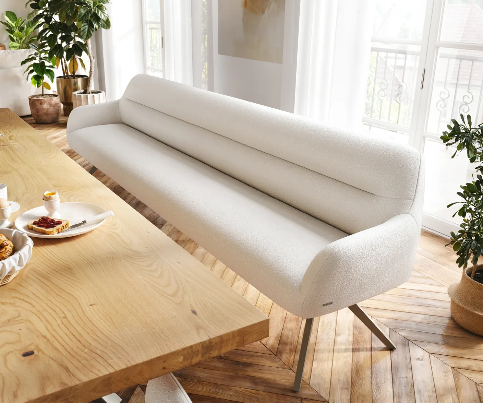 EsszimmerbankTaya-Flex 300 cm Bouclé Creme-Weiß Kreuzgestell kantig Effektfinish Titan Taschenfederkern Sofort versandfertig