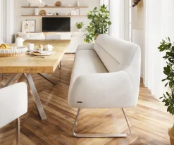 EsszimmerbankTaya-Flex 300 cm Bouclé Creme-Weiß Kufengestell flach Edelstahl Taschenfederkern Sofort versandfertig