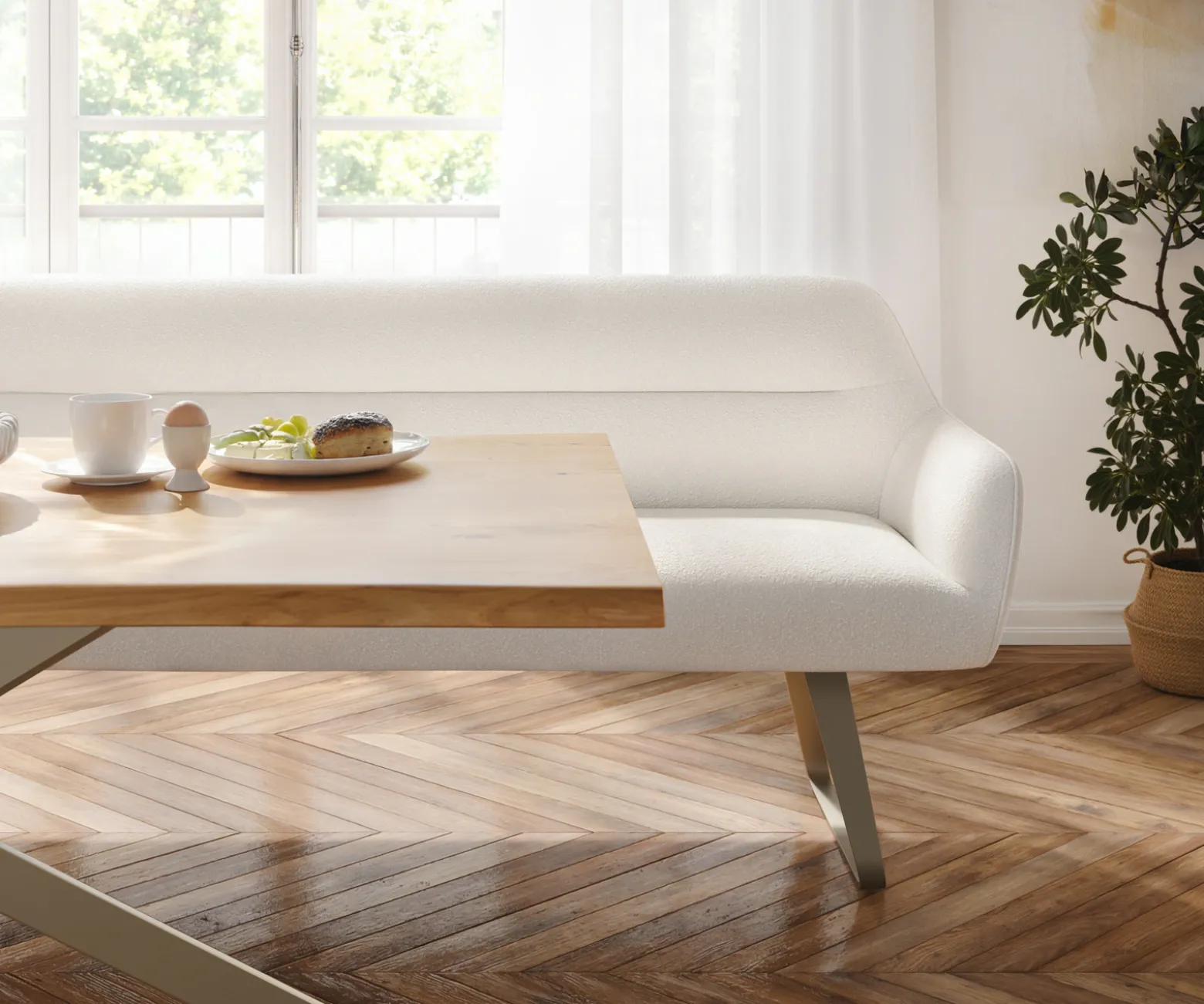 EsszimmerbankTaya-Flex 200 cm Bouclé Creme-Weiß Kufengestell flach Effektfinish Titan Taschenfederkern Sofort versandfertig