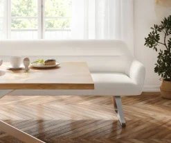 EsszimmerbankTaya-Flex 200 cm Bouclé Creme-Weiß Kufengestell flach Edelstahl Taschenfederkern Sofort versandfertig