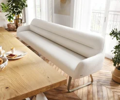EsszimmerbankTaya-Flex 300 cm Bouclé Creme-Weiß Kufengestell flach Effektfinish Titan Taschenfederkern Sofort versandfertig