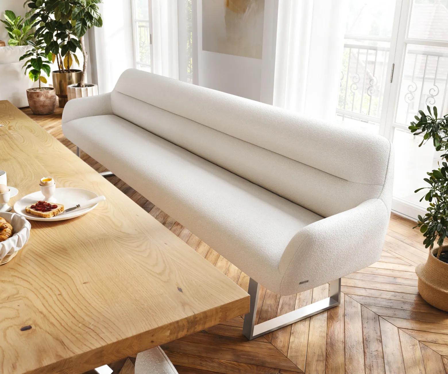 EsszimmerbankTaya-Flex 300 cm Bouclé Creme-Weiß Kufengestell kantig Edelstahl Taschenfederkern Versandfertig ca. 12.02.27