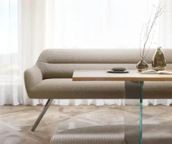 EsszimmerbankTaya-Flex 200 cm Bouclé Schlamm Kreuzgestell kantig Edelstahl Taschenfederkern Sofort versandfertig