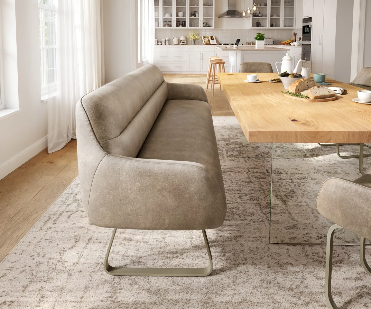 EsszimmerbankTaya-Flex 200 cm Mikrofaser Beige Vintage Kufengestell flach Effektfinish Titan Taschenfederkern Sofort versandfertig